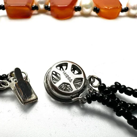 Vintage Three-Strand Carnelian & Cultured Pearl Necklace—Artisan Made — EUC